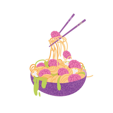Scary Halloween food of meatballs with monster eyes and pasta with sauce in a on the in a bowl close-up. Dish for Halloween, weird food.のイラスト素材