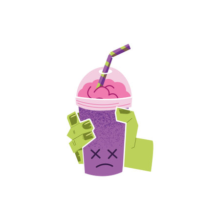 Zombie's hand holds a cup of brains. Scary Halloween fast food. Illustration of scary food for zombies. Brains cocktailのイラスト素材