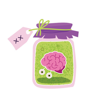 Brains of a cow, sheep or calf preserved in a glass jar with eyes, preparations for the holiday for Halloween, weird food.のイラスト素材