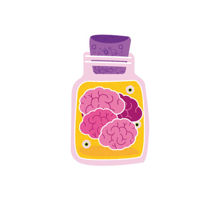 Brains of a cow, sheep or calf preserved in a glass jar with eyes, preparations for the holiday for Halloween, weird food.のイラスト素材