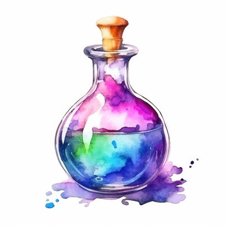 Watercolor magic flask with pink and purple love and poison potion on an isolated white background. Halloween Decorの素材