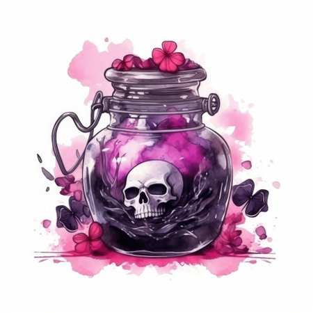 Watercolor magic flask with pink and purple love and poison potion on an isolated white background. Halloween Decorの素材
