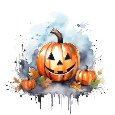 Pumpkin Jack o lantern halloween watercolor illustration on isolated white backgroundの素材