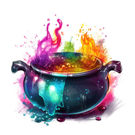 Witch cauldron full bubbling liquid isolated on white background. Watercolor illustration.の素材