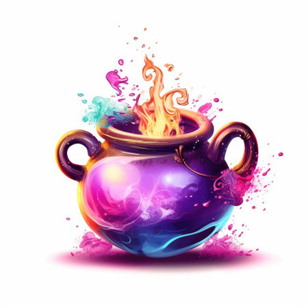 Witch cauldron full bubbling liquid isolated on white background. Watercolor illustration.の素材