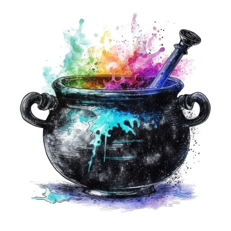 Witch cauldron full bubbling liquid isolated on white background. Watercolor illustration.の素材