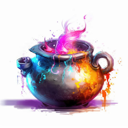 Witch cauldron full bubbling liquid isolated on white background. Watercolor illustration.の素材