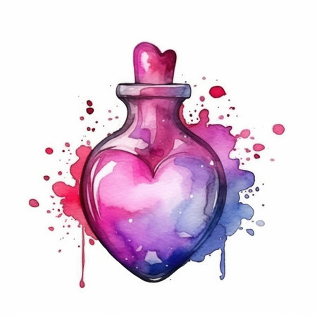 Watercolor magic flask with pink and purple love and poison potion on an isolated white background. Halloween Decorの素材