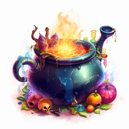 Witch cauldron full bubbling liquid isolated on white background. Watercolor illustration.の素材