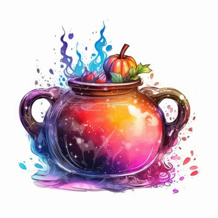 Witch cauldron full bubbling liquid isolated on white background. Watercolor illustration.の素材