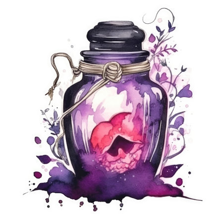 Watercolor magic flask with pink and purple love and poison potion on an isolated white background. Halloween Decorの素材