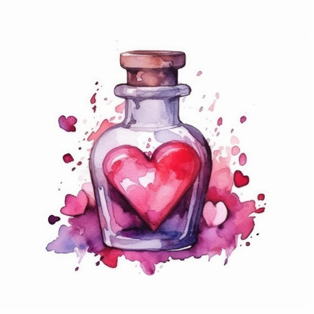 Watercolor magic flask with pink and purple love and poison potion on an isolated white background. Halloween Decorの素材