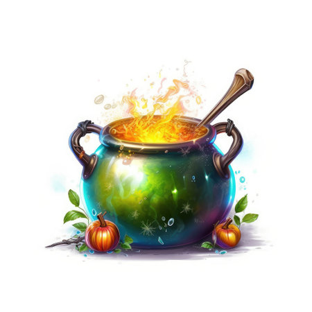 Witch cauldron full bubbling liquid isolated on white background. Watercolor illustration.の素材