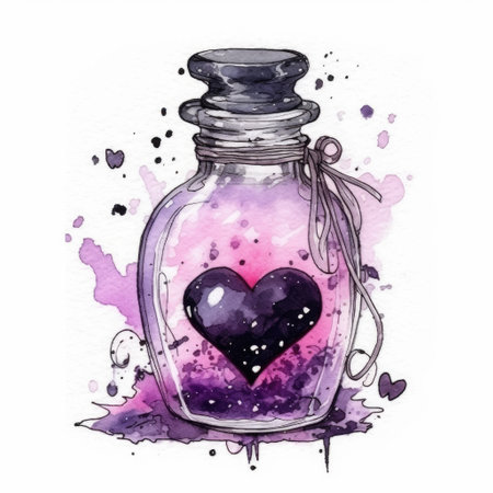 Watercolor magic flask with pink and purple love and poison potion on an isolated white background. Halloween Decorの素材