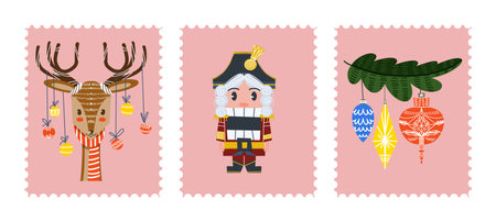 Christmas postage stamps with holiday symbols and elements of decoration for envelopes. New Year stickers with Santa Claus, Christmas tree, gifts. Illustration in a flat styleの写真素材