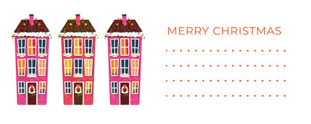 Christmas card with winter character house. Hand draw style holiday illustration. Stylish New Year element. Isolated. White backgroundの写真素材