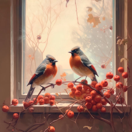 Winter watercolor illustrations. Bullfinches perching on the trees on the background of a decorated window. Vintage Christmas card.の素材