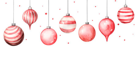 Christmas set of hanging glass balls pink, red and purple colors, delicate watercolor illustration isolated on white background for your design card, banner or wallpaper.の素材