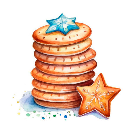Stack of cookies with chocolate and icing, christmas elements, watercolor illustration on isolated white backgroundの素材