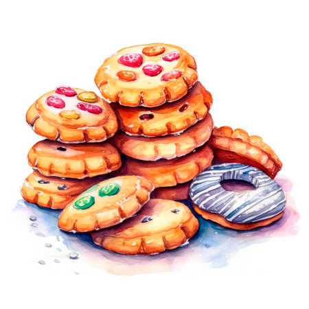 Stack of cookies with chocolate and icing, christmas elements, watercolor illustration on isolated white backgroundの素材