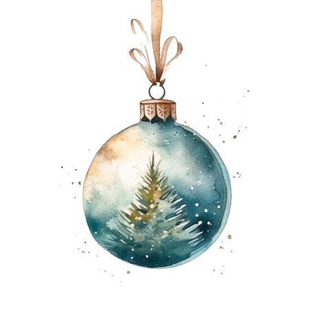 Watercolor cartoon vintage Christmas tree toy ball with bow and tree branches. Illustration isolated on white background.の素材