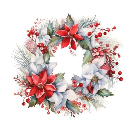 Christmas wreath with fir branches, eucalyptus, cones, snowberry and holly. Watercolor Christmas decor, isolated white backgroundの素材