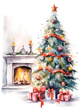 Home with Christmas tree in the living room near the fireplace, a beautiful festively decorated, watercolor background illustration. New year posterの素材
