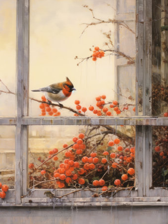 Winter watercolor illustrations. Bullfinches perching on the trees on the background of a decorated window. Vintage Christmas card.の素材