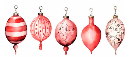 Christmas set of hanging glass balls pink, red and purple colors, delicate watercolor illustration isolated on white background for your design card, banner or wallpaper.の素材