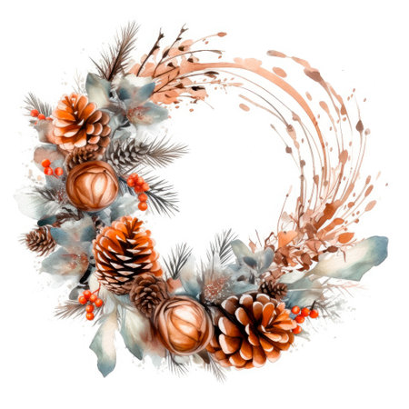 Christmas wreath with fir branches, eucalyptus, cones, snowberry and holly. Watercolor Christmas decor, isolated white backgroundの素材