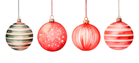 Christmas set of hanging glass balls pink, red and purple colors, delicate watercolor illustration isolated on white background for your design card, banner or wallpaper.の素材