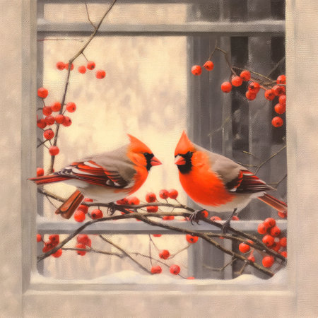 Winter watercolor illustrations. Bullfinches perching on the trees on the background of a decorated window. Vintage Christmas card.の素材