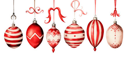 Christmas set of hanging glass balls pink, red and purple colors, delicate watercolor illustration isolated on white background for your design card, banner or wallpaper.の素材