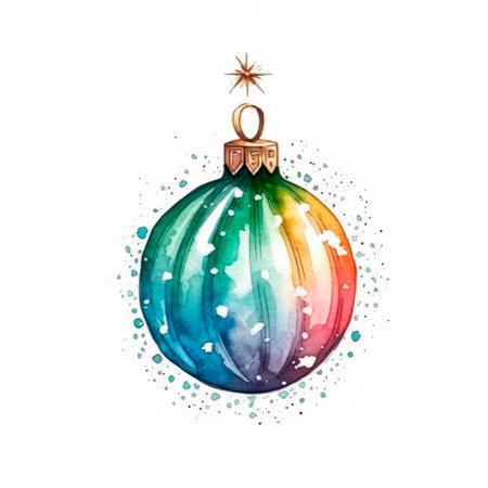 Watercolor cartoon vintage Christmas tree toy ball with bow and tree branches. Illustration isolated on white background.の素材