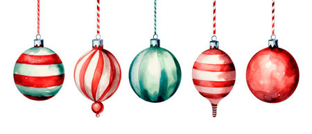 Christmas set of hanging glass balls pink, red and purple colors, delicate watercolor illustration isolated on white background for your design card, banner or wallpaper.の素材