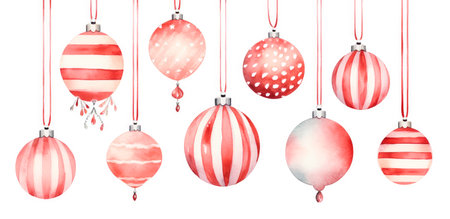 Christmas set of hanging glass balls pink, red and purple colors, delicate watercolor illustration isolated on white background for your design card, banner or wallpaper.の素材