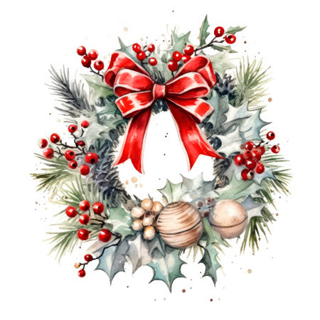Christmas wreath with fir branches, eucalyptus, cones, snowberry and holly. Watercolor Christmas decor, isolated white backgroundの素材