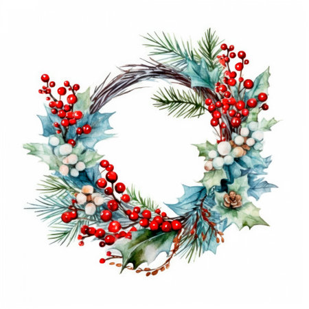 Christmas wreath with fir branches, eucalyptus, cones, snowberry and holly. Watercolor Christmas decor, isolated white backgroundの素材