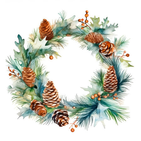 Christmas wreath with fir branches, eucalyptus, cones, snowberry and holly. Watercolor Christmas decor, isolated white backgroundの素材