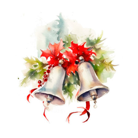 Jingle bells with red bow, furry branches, holly leaves, red berries Watercolor illustration. The Christmas gold bell isolated on the white backgroundの素材