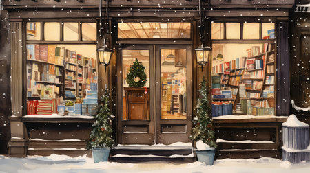 Book shop window with Christmas decoration. Christmas shop. Books on the shop window. Book shop front. Watercolor illustration in retro style.の素材