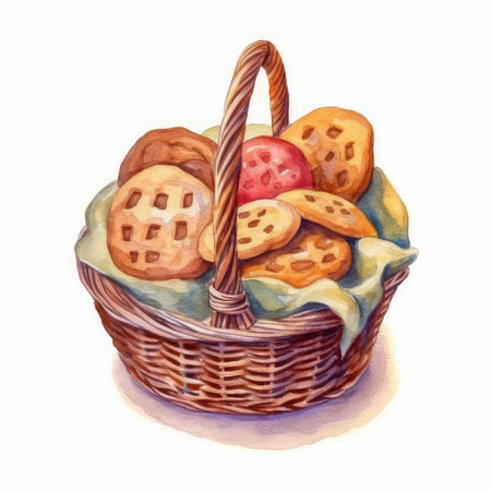 Basket of Christmas cookies with chocolate and icing, christmas elements, watercolor illustration on isolated white backgroundの素材