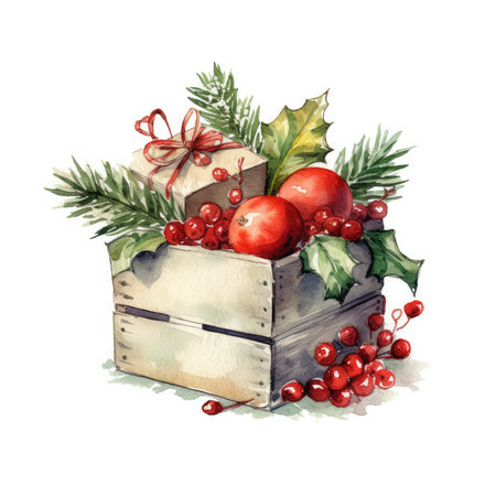Watercolor Illustration Christmas gift and Box with Christmas decorations on an isolated white backgroundの素材