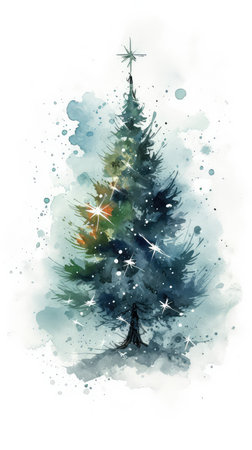 Colorful watercolor background illustration of a christmas tree decorated with balls, ribbons and a garland for the of a christmas greetings card, new year posterの素材