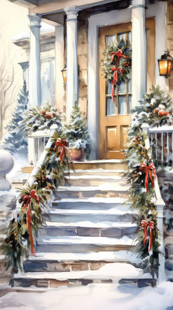 Christmas card with the front door of the house and the porch, decorated with pine branches, wreaths with balls, ribbons and a garland. Watercolor illustration, new year poster, old houseの素材