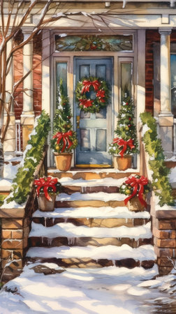 Christmas card with the front door of the house and the porch, decorated with pine branches, wreaths with balls, ribbons and a garland. Watercolor illustration, new year poster, old houseの素材