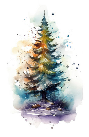 Colorful watercolor background illustration of a christmas tree decorated with balls, ribbons and a garland for the of a christmas greetings card, new year posterの素材