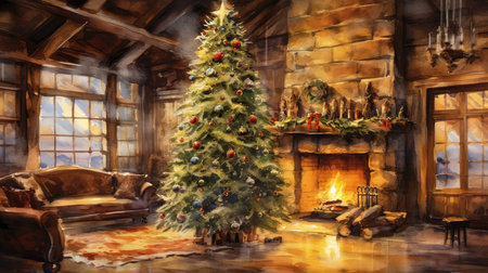 Home with Christmas tree in the living room near the fireplace, a beautiful festively decorated, watercolor background illustration. New year posterの素材