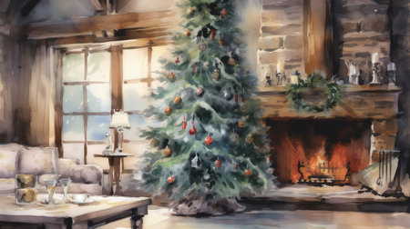 Home with Christmas tree in the living room near the fireplace, a beautiful festively decorated, watercolor background illustration. New year posterの素材