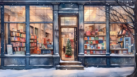 Book shop window with Christmas decoration. Christmas shop. Books on the shop window. Book shop front. Watercolor illustration in retro style.の素材